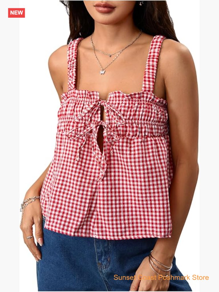 Plaid Gingham Bow Camisole Top Sleeveless Ruffle Smocked Crop Top